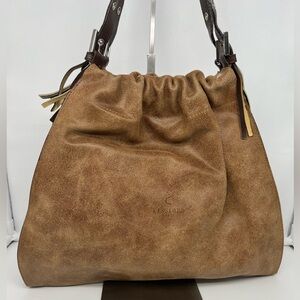 KESSLORD PARIS Vintage Brown Textured Leather Two Tone Tassel Hobo Shoulder Bag